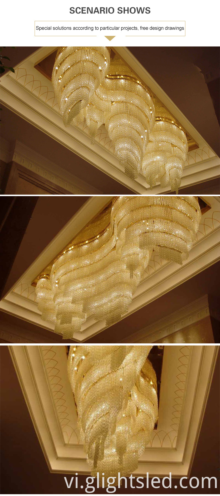 Thiết kế mới sản phẩm mới sảnh khách sạn hiện đại trang trí sang trọng đèn chùm dài
